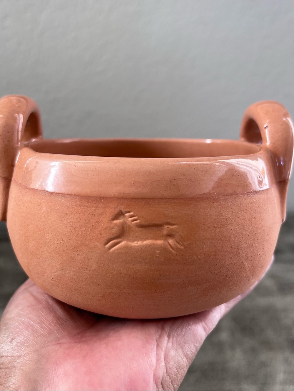 Chaparral terracotta clay bowl Glazed Pottery Double Handled Bowl Horse 3"